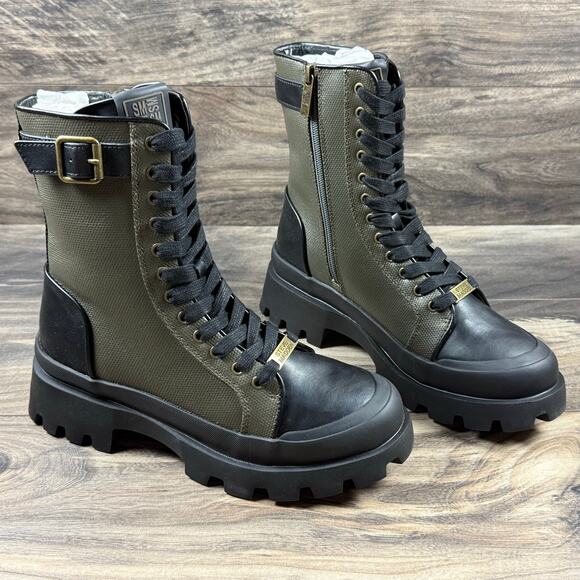 NIB Steve Madden Matriarch Leather Mixed Media Ankle Combat Boots Olive Multi 8M - Picture 5 of 10